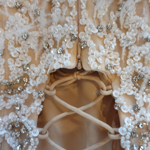 Vintage Y2K Dress 6 Nude Cocktail Party Sequin Beaded Feather Lace Up Back Mini - Picture 6 of 16